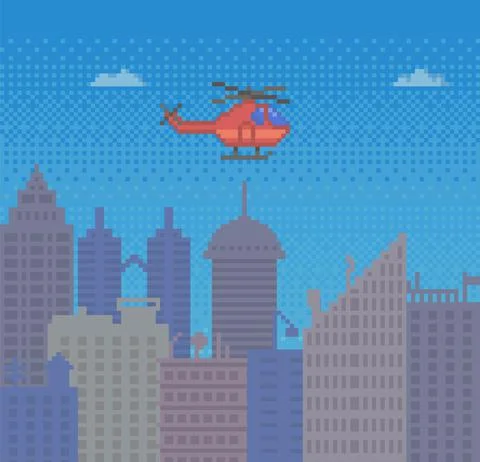 Red pixel helicopter in blue sky over buildings. High speed vehicle in pixel Ilustración de archivo