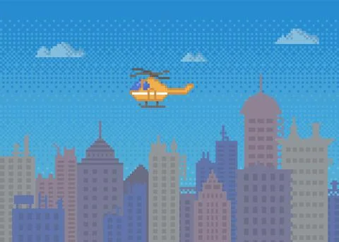 Red pixel helicopter in blue sky over buildings. High speed vehicle in pixel Ilustración de archivo