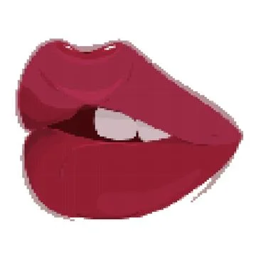 Red pixel lips on white background, juicy female lips with highlights Stock Illustration