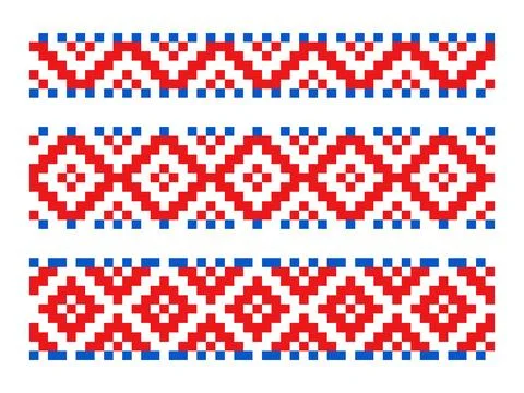 Red Pixel Ukrainian Embroidery Patterns Set Stock Illustration