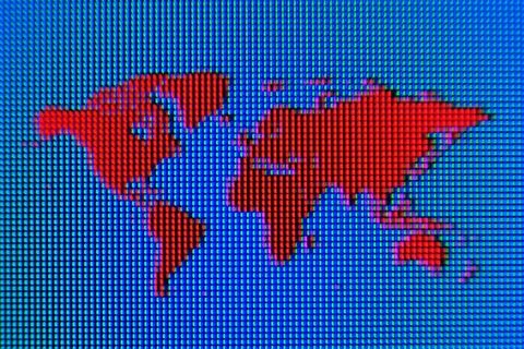 Red Pixel World Map on Blue Ocean Stock Illustration