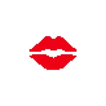 Red pixelated lips in retro digital style. Minimalistic red lips icon in pixel Stock Illustration