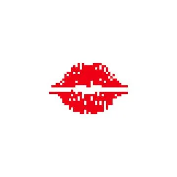 Red pixelated lips in retro digital style. Minimalistic red lips icon in pixel Stock Illustration