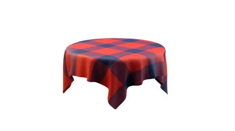 Red plaid tablecloth on round table isolated white background. 3d rendering. Stock Illustration
