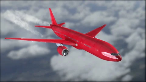 A red plane is flying in the clouds. Blurred background. The grey clouds. Liner Stock Footage 146629195