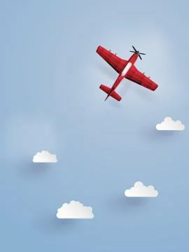 Red plane flying  on the sky.The illustrations do the same paper art . Stock Illustration