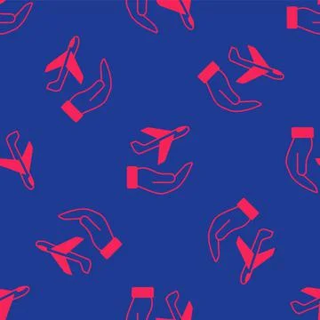Red Plane in hand icon isolated seamless pattern on blue background. Flying Stock Illustration