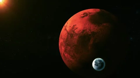 Red planet and small moon in dark outer space with stars and bright sun fla.. Stock Footage 340383376