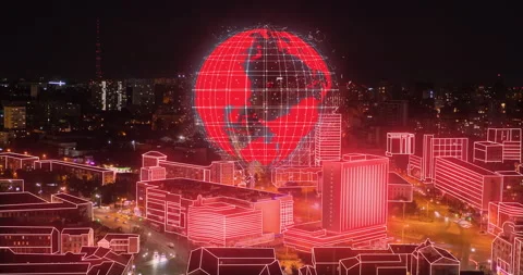 Red Planet On A Background Of The City. Red Infographics Stock Footage 169292727