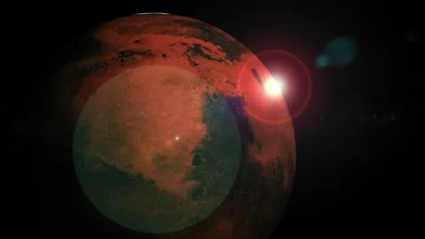Red planet in dark space with bright light flare and stars Stock Footage 340383333