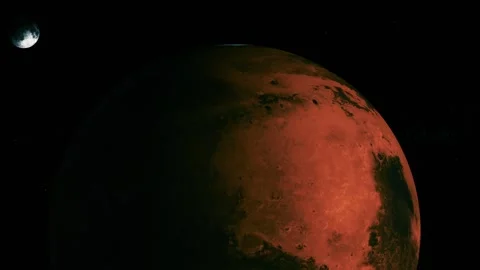 Red planet in dark space with a small moon, showing a dramatic view of a ma.. Stock Footage 340383336