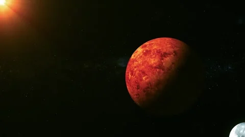 Red planet in deep space with a bright sun flare and a small moon in the co.. Stock Footage 340382992