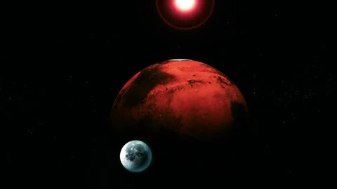 Red planet in deep space with a small moon and bright sun above, dramatic c.. Stock Footage 340383387