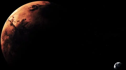 Red planet in deep space with a small moon on a black starry background, sh.. Stock Footage 340389379