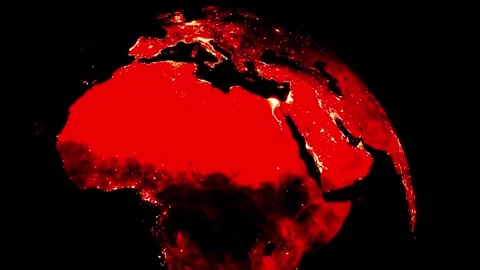 Red planet earth rotating in dark space with glowing lights. Stock Footage 340623808