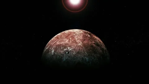 A red planet floating in dark space with a bright star above it Stock Footage 340383262