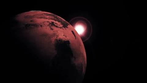 Red planet lit by a bright sun in deep space, with dark shadows and a rocky.. Stock Footage 340389247