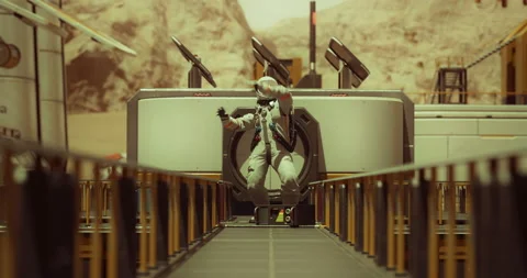 The Red Planet Mars. An astronaut dances in front of the space station. Video stock 237612411