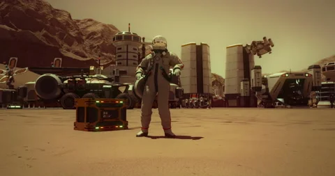 The Red Planet Mars. An astronaut dances in front of the space station. Stock Footage 237612530