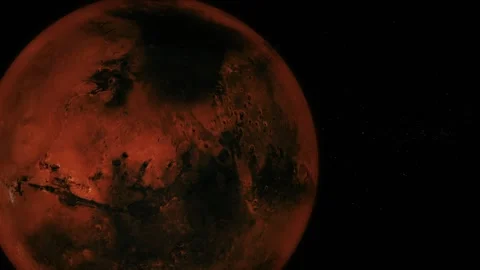 Red planet mars in dark space with stars, showing a rough rocky surface and.. Stock Footage 340383313