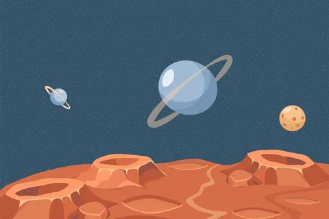 Red planet or moon surface vector flat illustration. Outer space with Saturn Stock Illustration