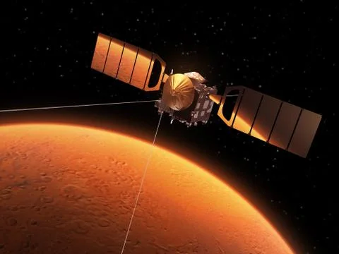 Red Planet Is Reflected In Solar Panels Of Interplanetary Space Station Stock Illustration