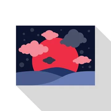 Red planet rising over alien ocean at night with clouds and stars minimalis.. Stock Illustration