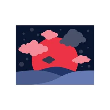 Red planet rising over blue hills at night with pink and dark clouds Ilustração Stock