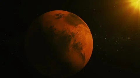 Red planet in space with bright sunlight and dark starry background. Stock Footage 340389381