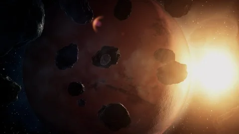Red planet surrounded by asteroid field, science fiction background, Mars Stock Footage 123827447