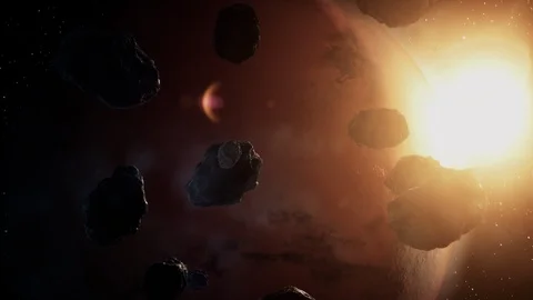 Red planet surrounded by asteroid field, science fiction background, Mars Stock Footage 123897266