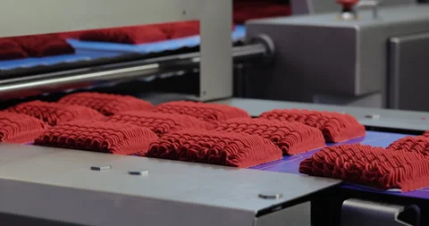 Red plant-based meat patties travel along conveyor through modern food factory. Stock Footage 346229282