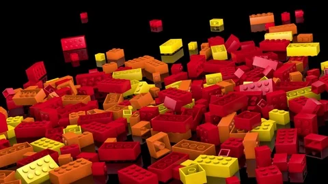 Red plastic blocks tumbling into a pile Stockbeeldmateriaal 83925671