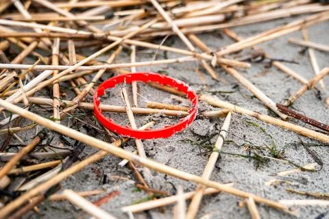 Red plastic bottle ring on sandy beach Stock Photos