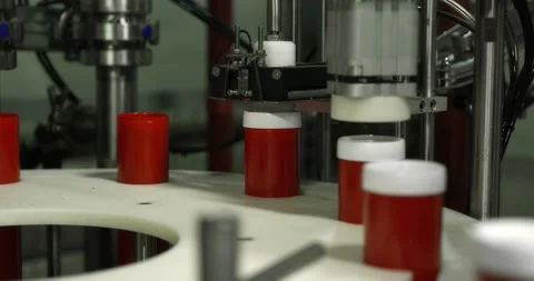 Red plastic bottles move along a conveyor line to fill and pack lubricant. Stock Footage 166282412