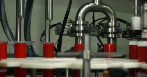 Red plastic bottles move along a conveyor line to fill and pack lubricant. Stock Footage 166283726