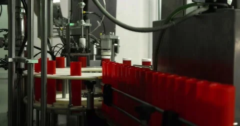 Red plastic bottles move along a conveyor line to fill and pack lubricant. Stock Footage 166283850