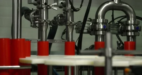 Red plastic bottles move along a conveyor line to fill and pack lubricant. Stock Footage 166283994