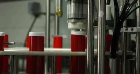 Red plastic bottles move along a conveyor line to fill and pack lubricant. Stock Footage 166284559
