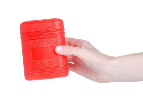 Red plastic box container in hand Stock Photos