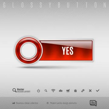 Red plastic button on the gray background. Vector design element. Illustrazione stock