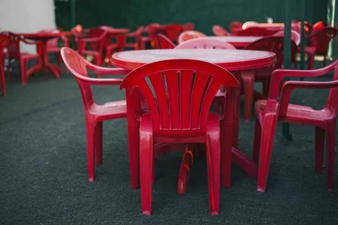 Red Plastic   chairs . close up view Stock Photos