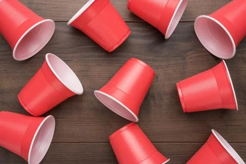 Red plastic cups on table Stock Photos
