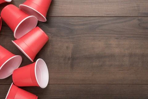Red plastic cups on table Stock Photos