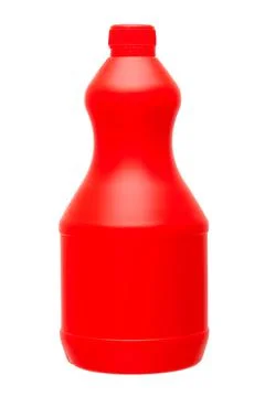 Red plastic detergent bottle with cap isolated on a white background. Stock Photos