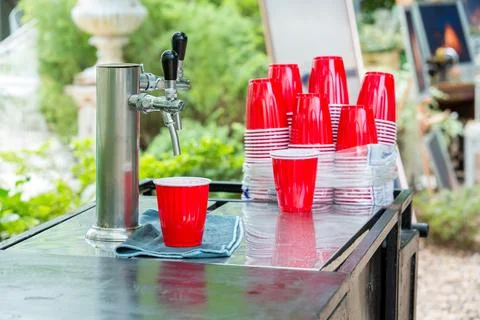 Red Plastic Drinking Cups. 스톡 사진