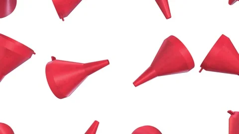 Red Plastic Funnels Falling on a White Background. 3D Plastic Funnels Animation. Stock Footage 292822461