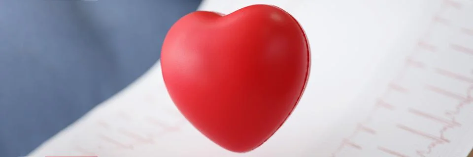 Red plastic heart with electrogram result, professional diagnostic Stock Photos