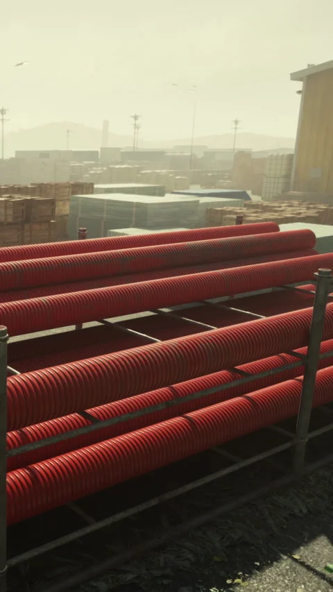 Red plastic pipes stacked at construction site near city Stock Footage 337974299
