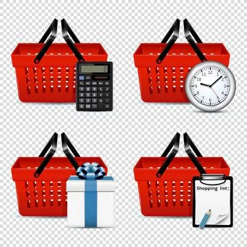 Red plastic shopping baskets with different objects: calculator, clock, gift  Stock Illustration
